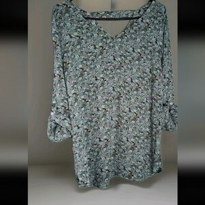 Loft blue and floral blouse with rollup sleeves sz medium